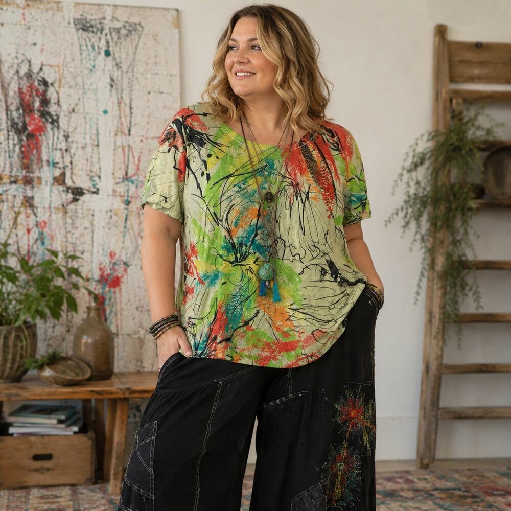 Jess & Jane top Abstract Boho Colorful Top Women’s XL Art to Wear